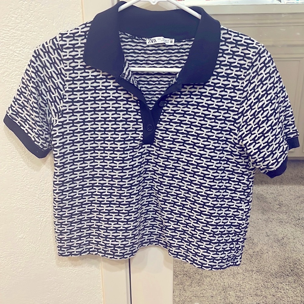 EUC ZARA Cropped Navy & White Collared Short Sleeve Sweater Shirt Size S